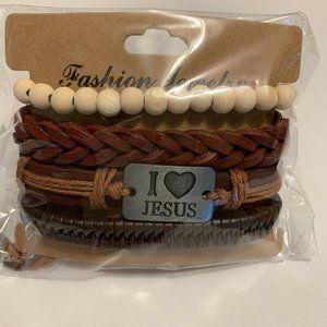 I Love Jesus Brown Leather Bracelet Multi-layer